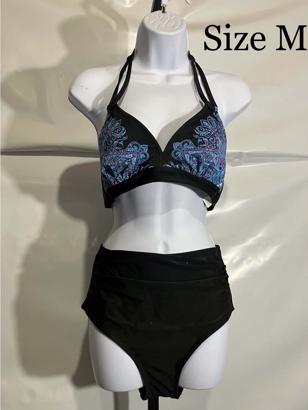 Women’s Black High-Waist Bikini Swimsuit with Blue Paisley Size Medium